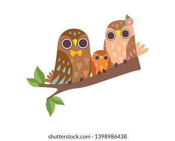 Happy Family of Owls, Father, Mother and Their Baby Owlet Sitting on Branch of Tree, Cute Cartoon Birds Characters Vector Illustration