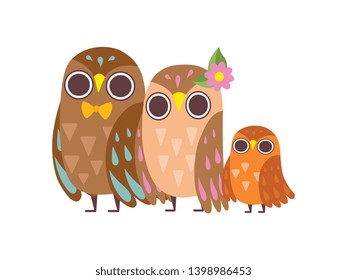 Happy Family of Owls, Father, Mother and Their Baby Standing Together, Cute Cartoon Birds Characters Vector Illustration