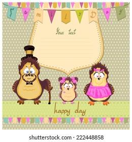 Happy family of owls, happy family of owls, mom and dad and happy kid