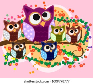 Happy family of owls on flowering tree branches. Daddies, mothers and children, grandparents. Spring, summer, honeymoon season