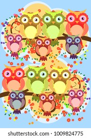 A happy family of owls on flowering tree branches, moms and children. Spring, summer, care. Mothers Day