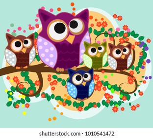 Happy family of owls on flowering tree branches. Daddies, mothers and children, grandparents. Spring, summer, honeymoon season