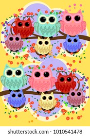 Happy family of owls on flowering tree branches. Daddies, mothers and children, grandparents. Spring, summer, honeymoon season