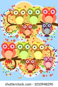 A happy family of owls on flowering tree branches, moms and children. Spring, summer, care. Mothers Day
