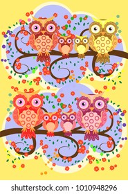 A happy family of owls on flowering tree branches, moms and children. Spring, summer, care. Mothers Day