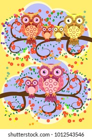 A happy family of owls on flowering tree branches, moms and children. Spring, summer, care. Mothers Day