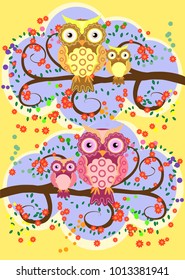 A happy family of owls on flowering tree branches, moms and children. Spring, summer, care. Mothers Day