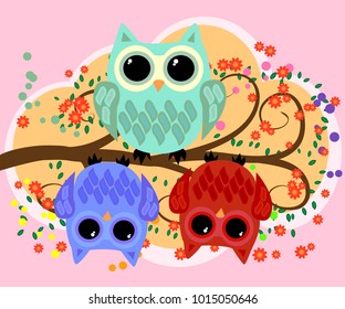 Happy family of owls on flowering tree branches. Daddies, mothers and children, grandparents. Spring, summer, honeymoon season