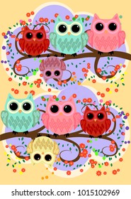 Happy family of owls on flowering tree branches. Daddies, mothers and children, grandparents. Spring, summer, honeymoon season