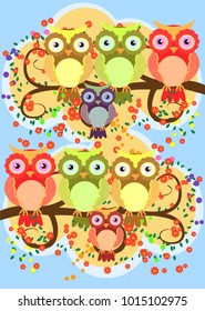 A happy family of owls on flowering tree branches, moms and children. Spring, summer, care. Mothers Day