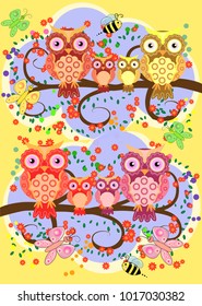 A happy family of owls on flowering tree branches, moms and children. Spring, summer, care. Mothers Day