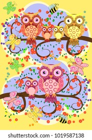 A happy family of owls on flowering tree branches, moms and children. Spring, summer, care. Mothers Day