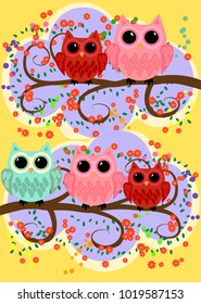 Happy family of owls on flowering tree branches. Daddies, mothers and children, grandparents. Spring, summer, honeymoon season