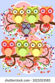 A happy family of owls on flowering tree branches, moms and children. Spring, summer, care. Mothers Day