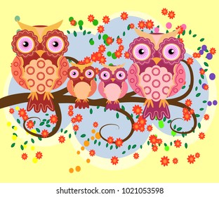 A happy family of owls on flowering tree branches, moms and children. Spring, summer, care. Mothers Day