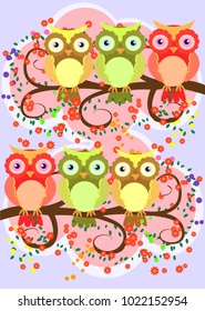 A happy family of owls on flowering tree branches, moms and children. Spring, summer, care. Mothers Day