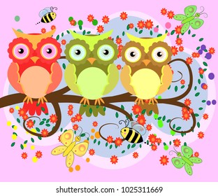 A happy family of owls on flowering tree branches, moms and children. Spring, summer, care. Mothers Day