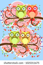 A happy family of owls on flowering tree branches, moms and children. Spring, summer, care. Mothers Day