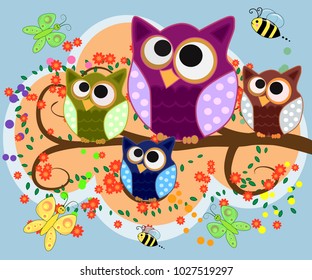 Happy family of owls on flowering tree branches. Daddies, mothers and children, grandparents. Spring, summer, honeymoon season
