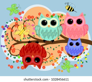 Happy family of owls on flowering tree branches. Daddies, mothers and children, grandparents. Spring, summer, honeymoon season