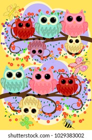 Happy family of owls on flowering tree branches. Daddies, mothers and children, grandparents. Spring, summer, honeymoon season