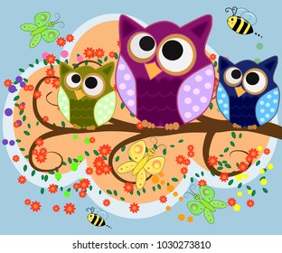Happy family of owls on flowering tree branches. Daddies, mothers and children, grandparents. Spring, summer, honeymoon season