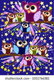 Happy family of owls on flowering tree branches. Daddies, mothers and children, grandparents. Spring, summer, honeymoon season