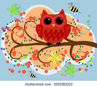 Happy family of owls on flowering tree branches. Daddies, mothers and children, grandparents. Spring, summer, honeymoon season
