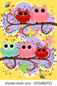 Happy family of owls on flowering tree branches. Daddies, mothers and children, grandparents. Spring, summer, honeymoon season