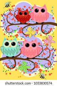 Happy family of owls on flowering tree branches. Daddies, mothers and children, grandparents. Spring, summer, honeymoon season