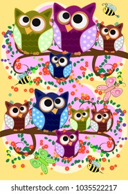 Happy family of owls on flowering tree branches. Daddies, mothers and children, grandparents. Spring, summer, honeymoon season