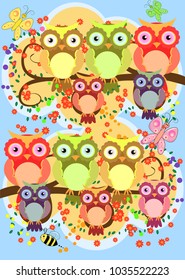 A happy family of owls on flowering tree branches, moms and children. Spring, summer, care. Mothers Day