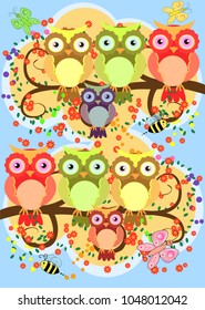 A happy family of owls on flowering tree branches, moms and children. Spring, summer, care. Mothers Day