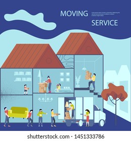 Happy family pack things and take them out of the house. Mother, father, son and daughter packing stuff to move to new house or apartment. Flat Art Vector illustration