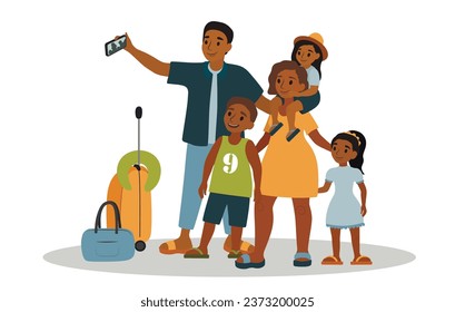 Happy family with packed belongings taking selfie on white backg