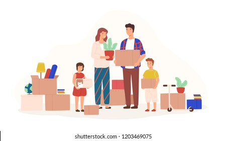 Família feliz embalando coisas para mudar para casa nova ou apartamento. Mãe, pai, filho e filha segurando caixas, carruagem com gato e planta de casa. Ilustração vetorial colorida em estilo de desenho animado plano.