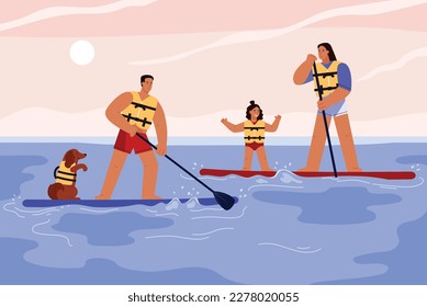 Feliz paddleboarding familiar, ilustración vectorial plana. Padres con niños y perros nadando en el mar sobre tablas de pádel. Concepto de deporte acuático de verano.