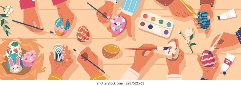 Happy Family Painting Eggs for Easter on Wooden Table Top View. Parents and Children Hands Decorate Holding Brushes Coloring Eggs With Paints. Traditional Sparetime, Fun. Cartoon Vector Illustration