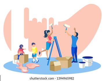 Happy Family Painting Walls in New House. Parents and Children Making Renovation in Apartments. Mother and Father Holding Rollers with Dye, Kids Helping to Mom and Dad Cartoon Flat Vector Illustration