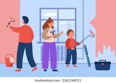 Happy family painting walls in room vector illustration. Mother, father and son renovating and decorating new apartment after moving in. Home renovation, relocation, housing concept