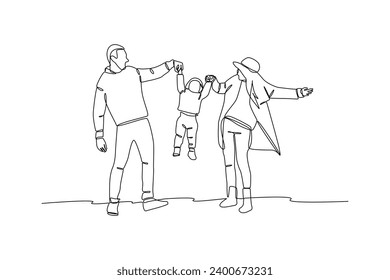 Happy family palying outside together, simple continuous line drawing of happy family minimalist concept. Family vacation.