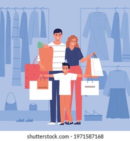 Happy family with paper bags after doing shopping at clothing store and supermarket flat vector illustration