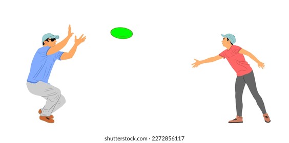 Happy family parent and child playing flying disk outdoor in park, vector illustration isolated on white background. Throwing and catching flying disk. Catch grab game toy. Father and daughter. Enjoy.