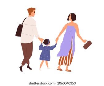 Happy family, parent and kid, walking and holding by hands together. Mother, father and daughter strolling. Adults and little girl child. Flat vector illustration isolated on white background