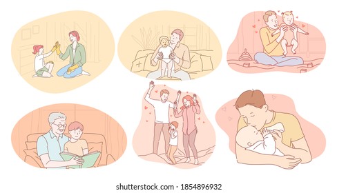 Happy family, parenthood, children concept. Young happy parents and grandparents cartoon characters playing with children and grandchildren and having fun together. Togetherness, happiness, couple