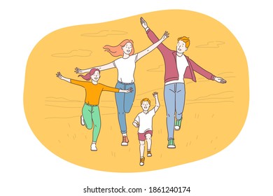 Happy family, parenthood, children concept. Young smiling parents and children family walking outdoors feeling cheerful and having fun together in summer. Togetherness happiness childhood illustration