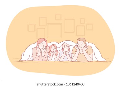 Happy family, parenthood, children concept. Young smiling parents and children family lying relaxing in bed and having fun together at home. Togetherness, happiness, childhood illustration