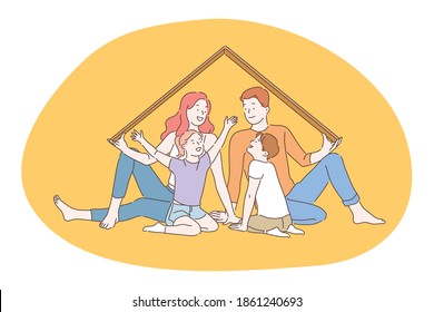 Happy family, parenthood, children concept. Young smiling parents and children family sitting under decorative roof, playing and having fun together. Togetherness, happiness, childhood illustration