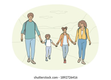 Happy family, parenthood, children concept. Young smiling parents and children family walking outdoors, holding hands, feeling cheerful and having fun together in summer on vacations illustration 