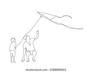 Happy family parenthood concept. 
 One continuous line drawing of young father and son playing to fly kite up into the sky at outdoor field. Hand made vector not Al